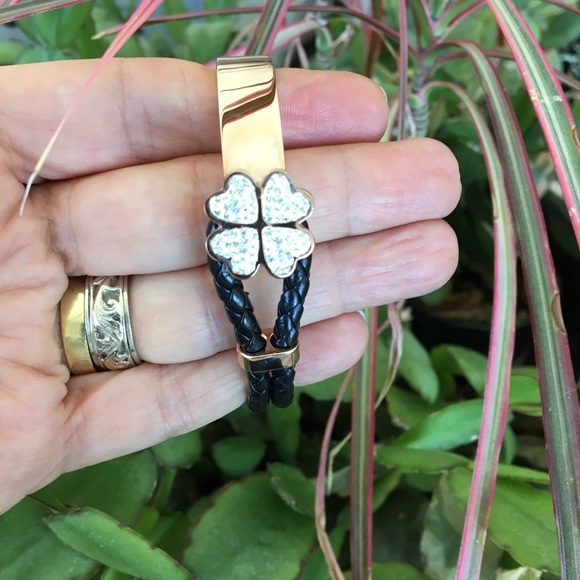 Four Leaf Clover Rose Gold Cz Leather Bracelet - Picture 2 of 10